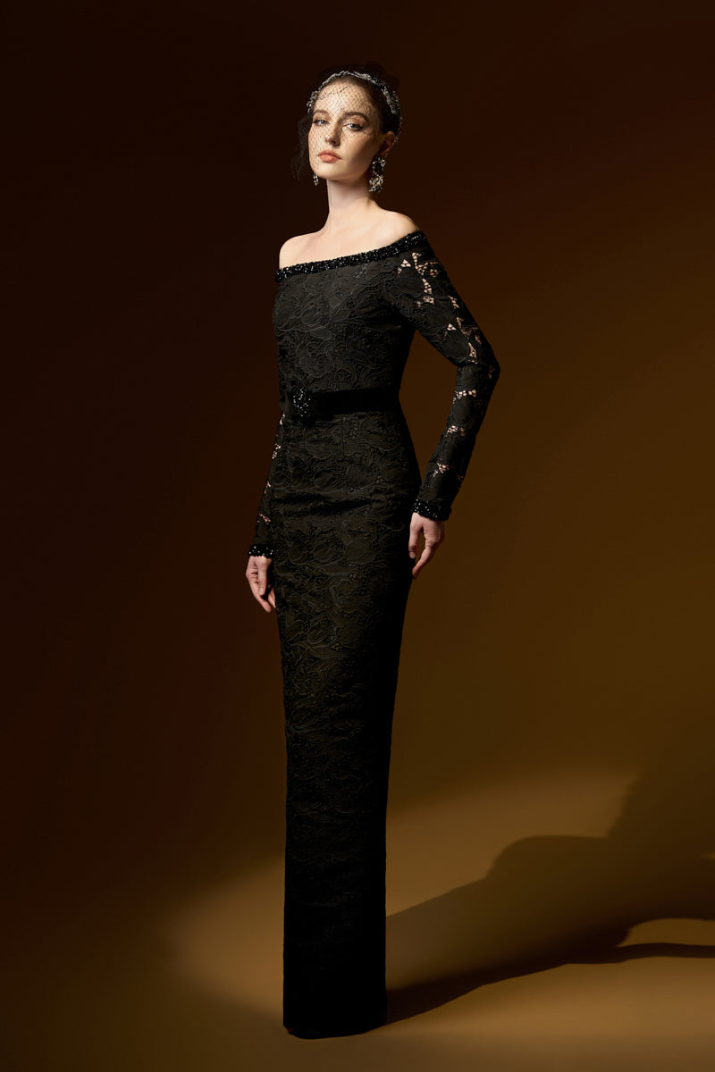 Long Sleeves Off-Shoulder Column Gown