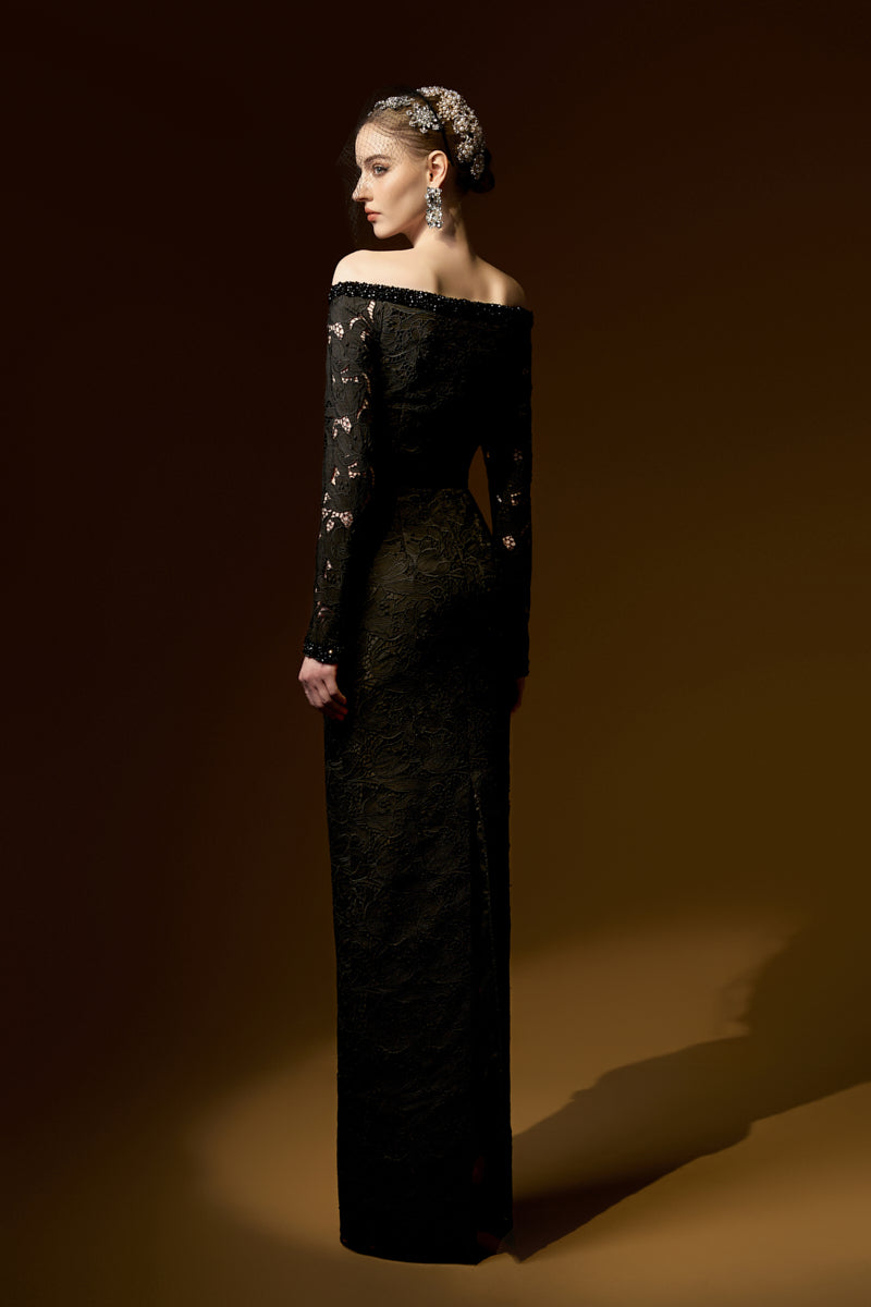 Long Sleeves Off-Shoulder Column Gown