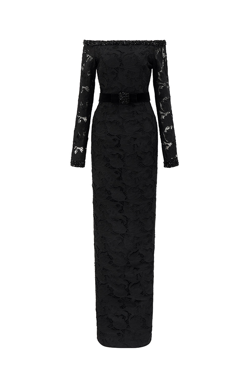 Long Sleeves Off-Shoulder Column Gown