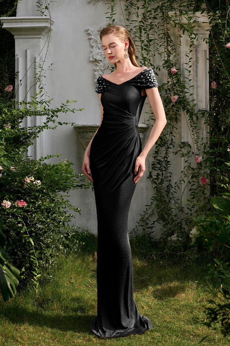 COLUMN EVENING GOWN WITH WAIST AND OFF-SHOULDER DRAPED DETAILS