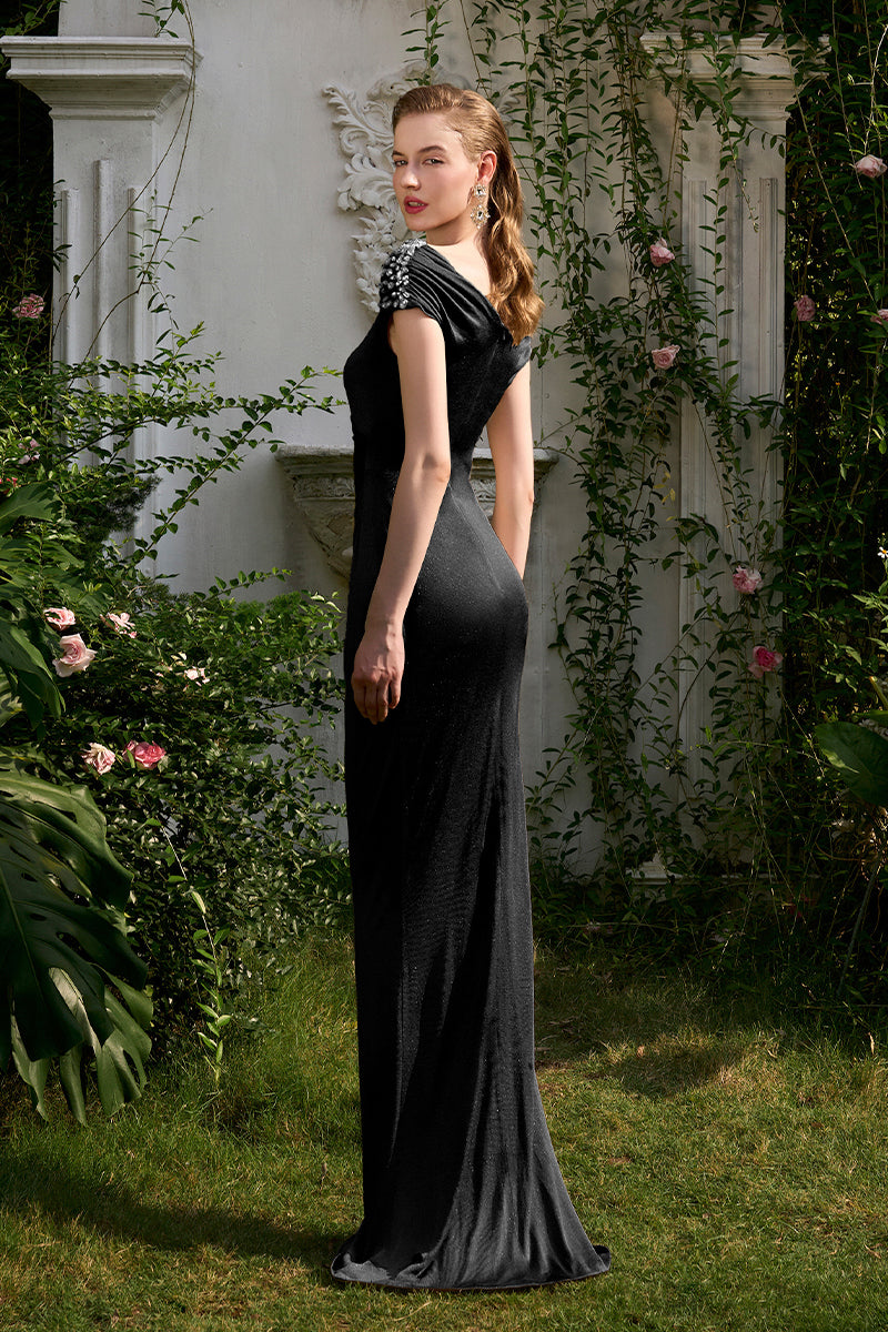 COLUMN EVENING GOWN WITH WAIST AND OFF-SHOULDER DRAPED DETAILS
