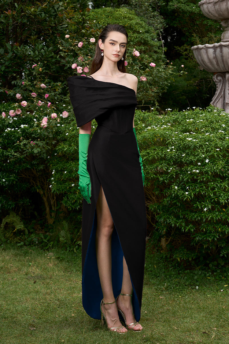 MERMAID EVENING GOWN WITH BUSTIER BODICE, DRAPED DETAIL AND MULLET WRAP BOTTOM