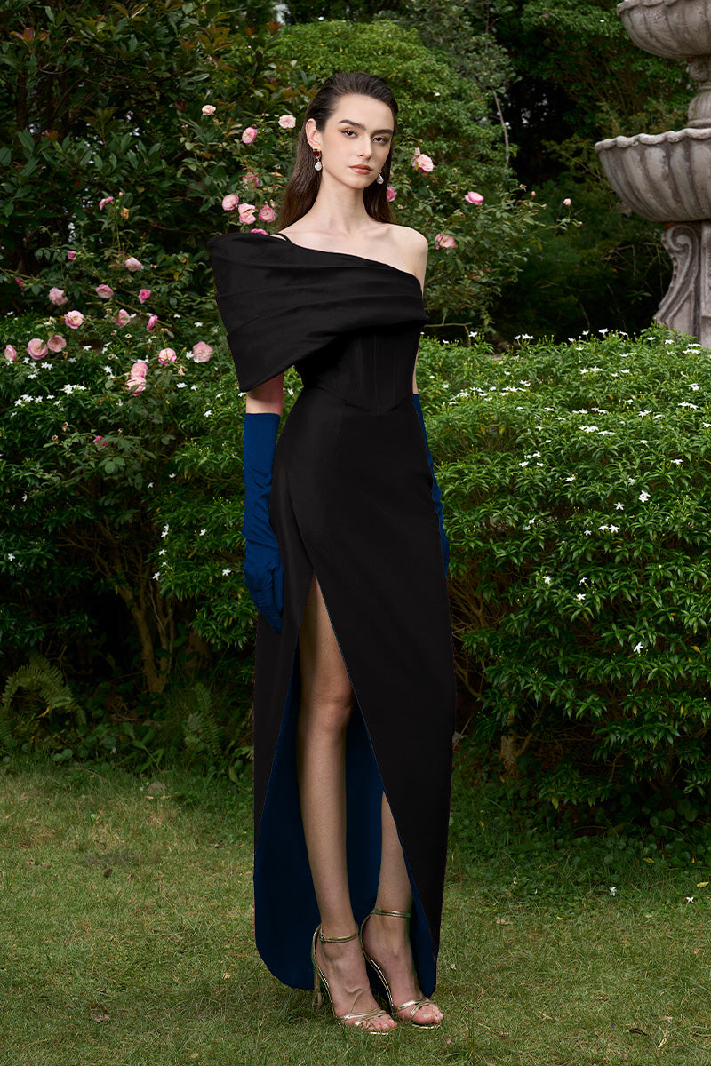 Mermaid Evening Gown With Bustier Bodice, Draped Detail And Mullet Wrap Bottom