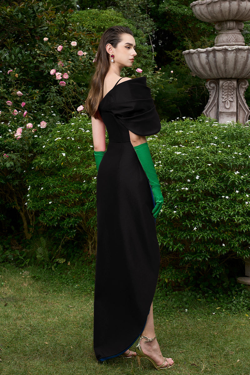 MERMAID EVENING GOWN WITH BUSTIER BODICE, DRAPED DETAIL AND MULLET WRAP BOTTOM