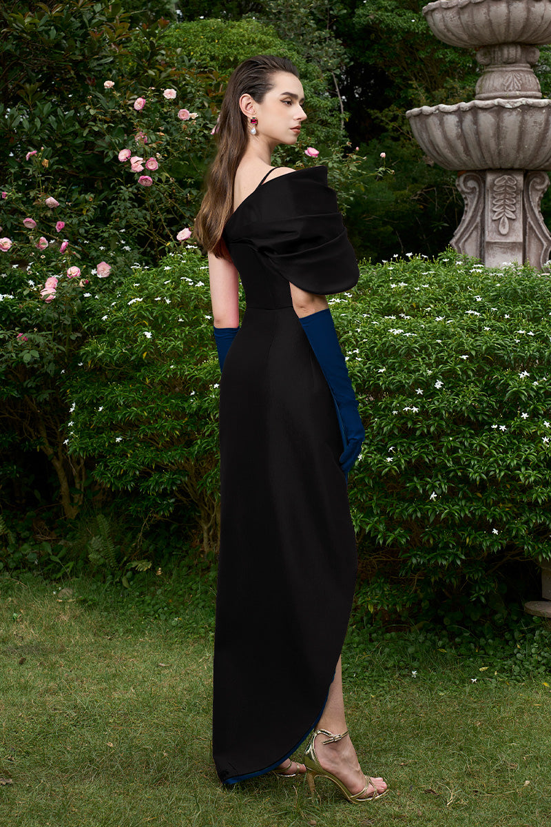 Mermaid Evening Gown With Bustier Bodice, Draped Detail And Mullet Wrap Bottom