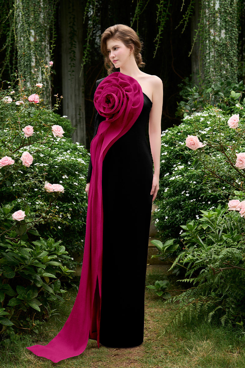Column Evening Gown With One Shoulder, Long Sleeve And Draped Rose On Side Chest