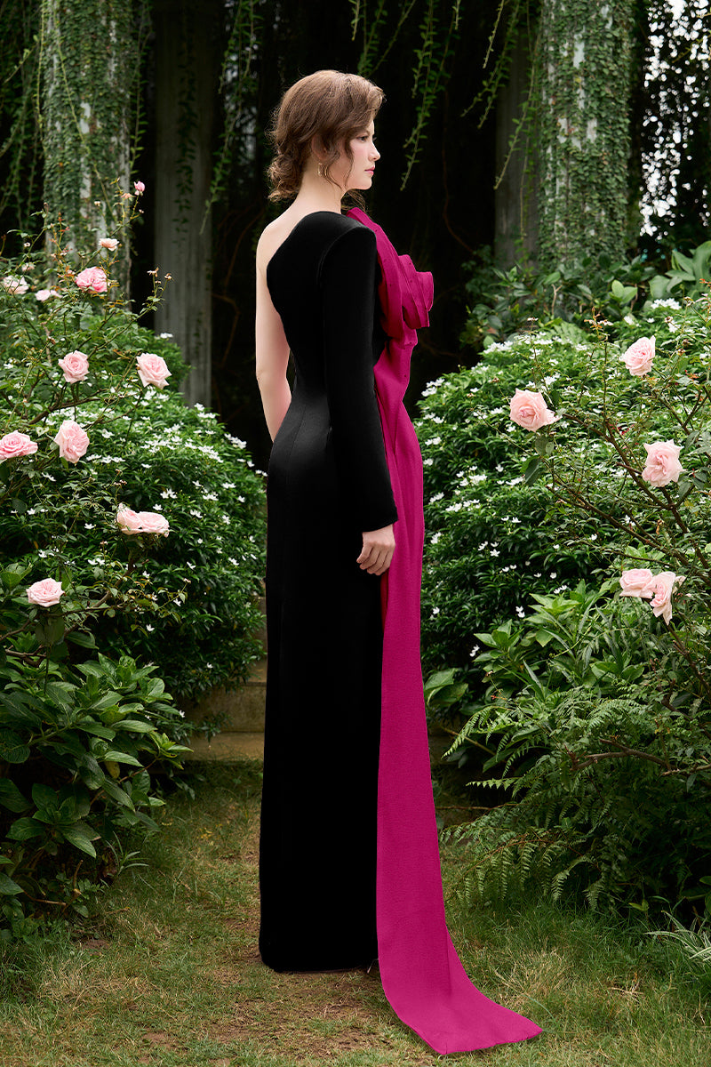 Column Evening Gown With One Shoulder, Long Sleeve And Draped Rose On Side Chest