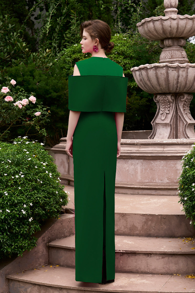 COLUMN EVENING GOWN WITH COLOR PATCHED AND OFF-SHOULDER PADS SALE PRICE