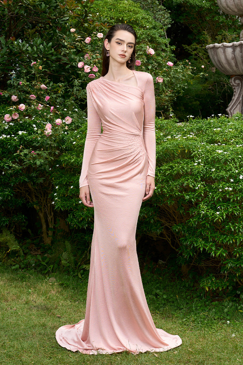 Mermaid Evening Gown With Asymmetric V-Neckline, Long Sleeves And Draped Side Waist