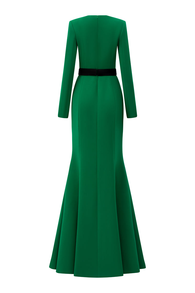Mermaid Evening Gown With Trapeze Neckline And Long Sleeves