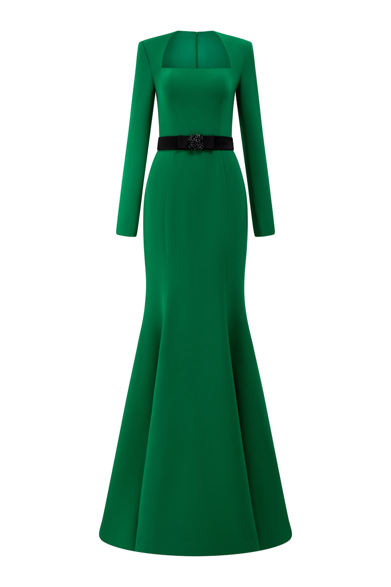 Mermaid Evening Gown With Trapeze Neckline And Long Sleeves