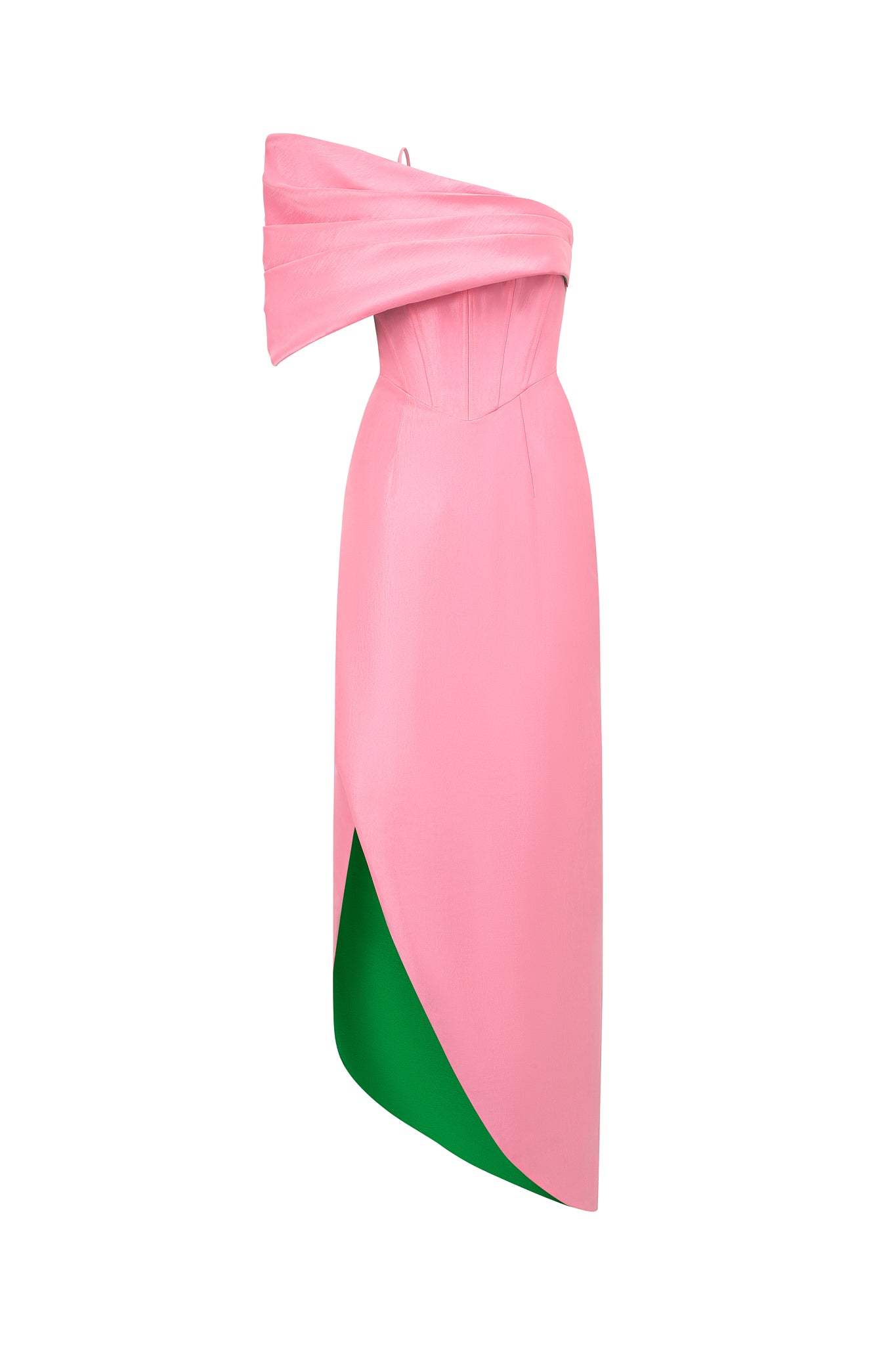 Mermaid Evening Gown With Bustier Bodice, Draped Detail And Mullet Wrap Bottom