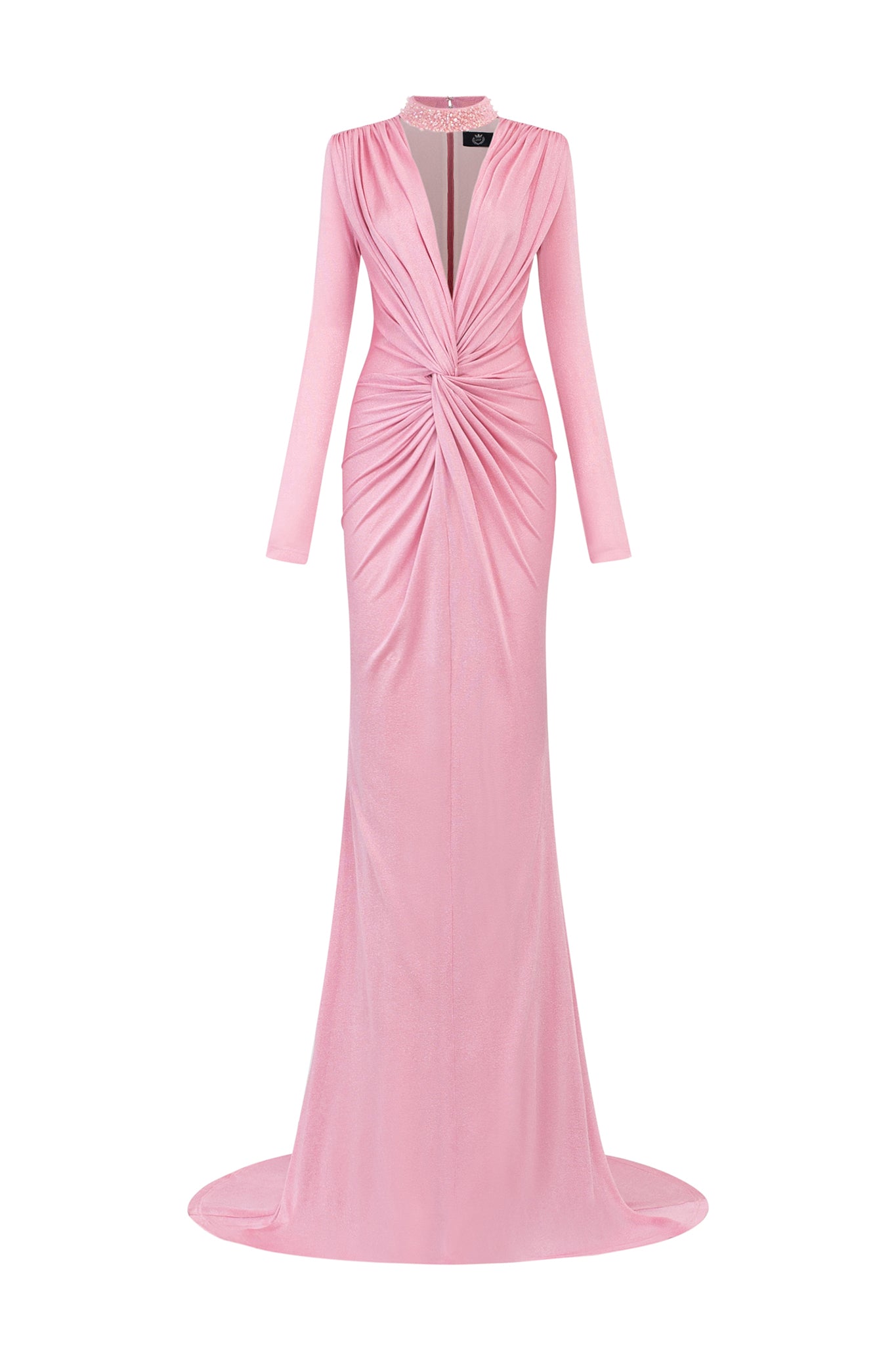 Mermaid Evening Gown With High Neck Band, Deep V-Neckline, Long Sleeves And Twisted Waist