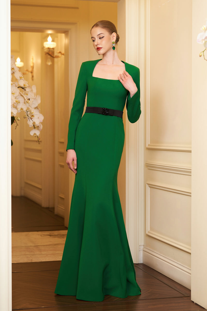 Mermaid Evening Gown With Trapeze Neckline And Long Sleeves