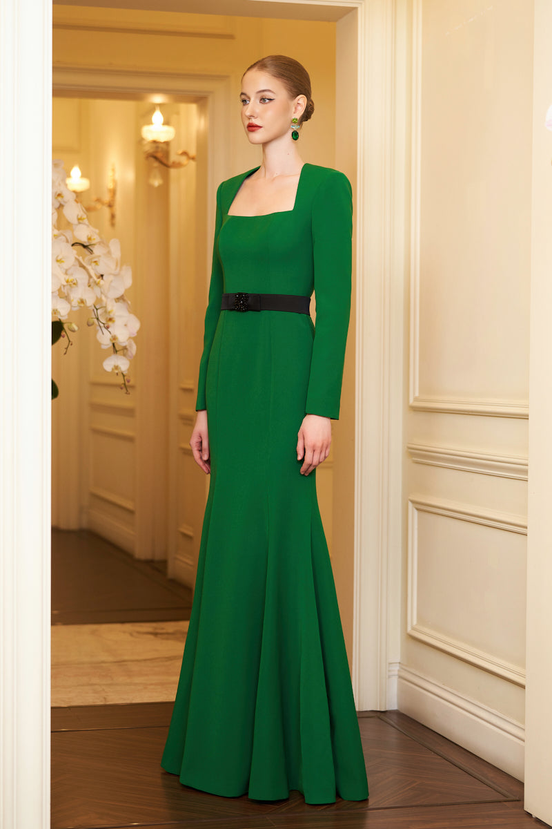 Mermaid Evening Gown With Trapeze Neckline And Long Sleeves