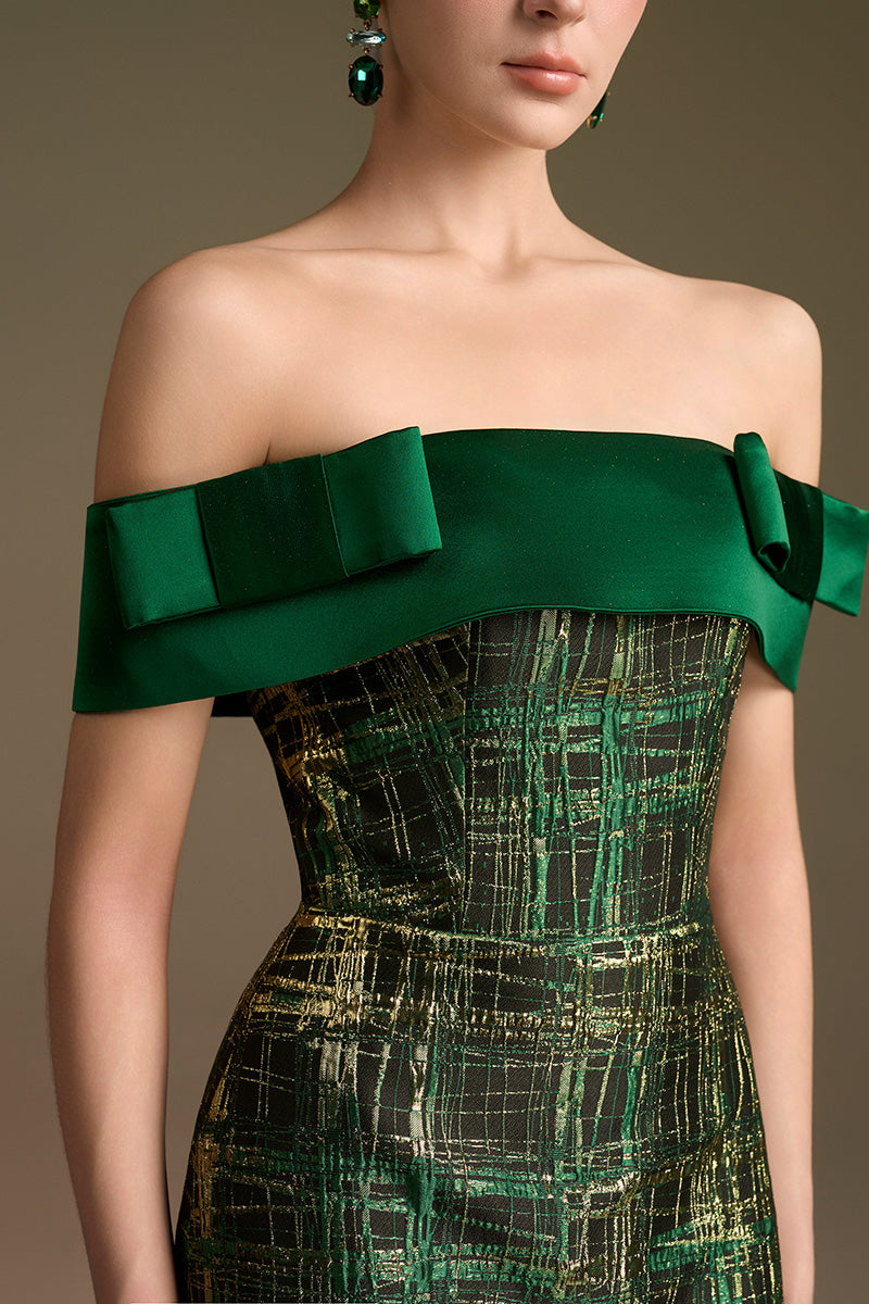 Off-Shoulder Column Gown With Symmetric Bows In Jacquard And Satin Silk