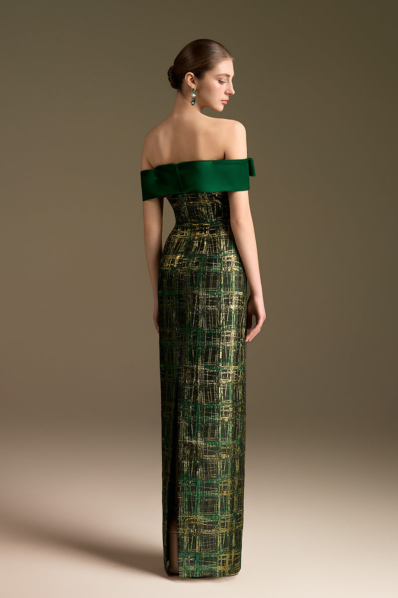 Off-Shoulder Column Gown With Symmetric Bows In Jacquard And Satin Silk