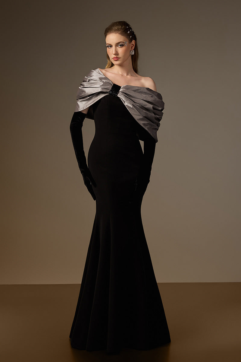 One Shoulder Mermaid Gown With Bust Bow In Black Crepe And Grey Taffeta