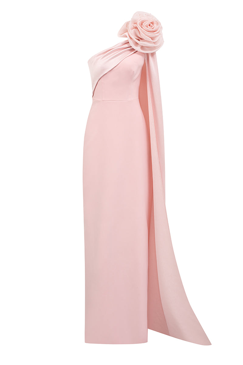 One Shoulder Column Gown With Draped Rose