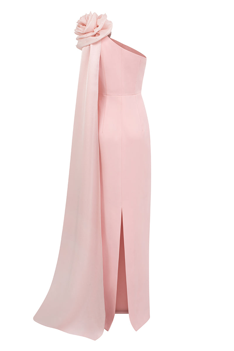 One Shoulder Column Gown With Draped Rose