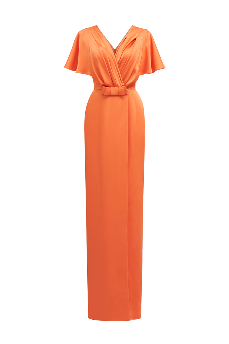 Orange Agate Silk V-Neck Dress With Flutter Sleeves And A Slit