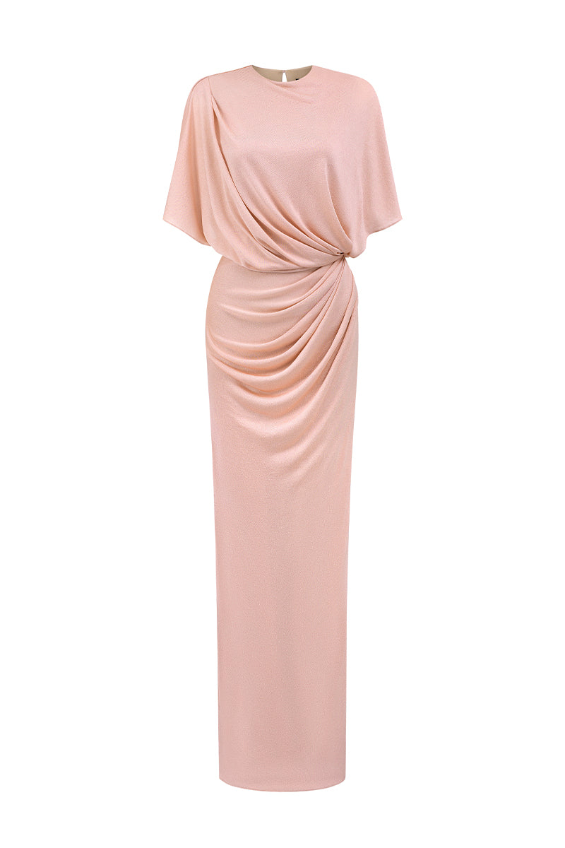 Pink Jersey Dress Wth Gathered Waist And Tie Detail