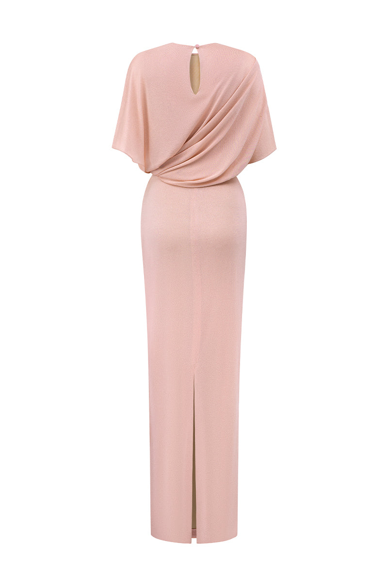 Pink Jersey Dress Wth Gathered Waist And Tie Detail