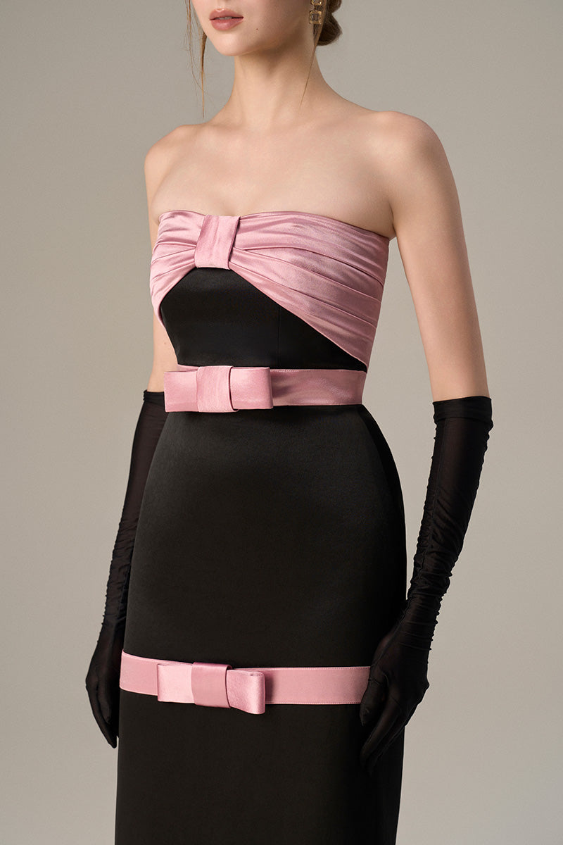 Pleated Bustier Dress With A Satin Bow And Taffeta Paneling.