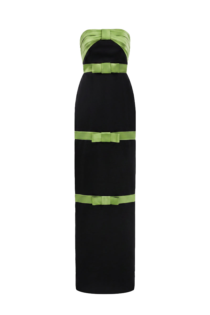 Pleated Bustier Dress With A Satin Bow And Taffeta Paneling
