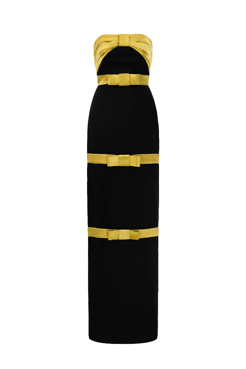 Pleated Bustier Dress With A Satin Bow And Taffeta Paneling