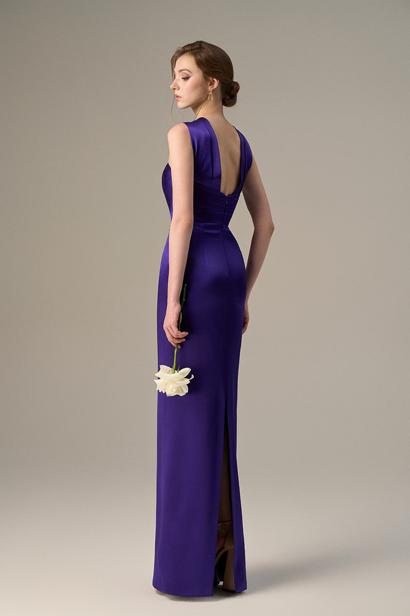 Purple Satin Silk Dress With A Ruched Neckline And Tie