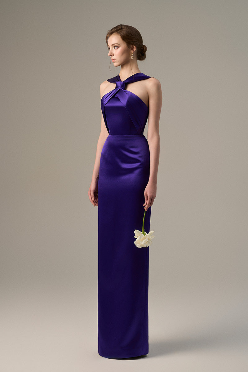 Purple Satin Silk Dress With A Ruched Neckline And Tie