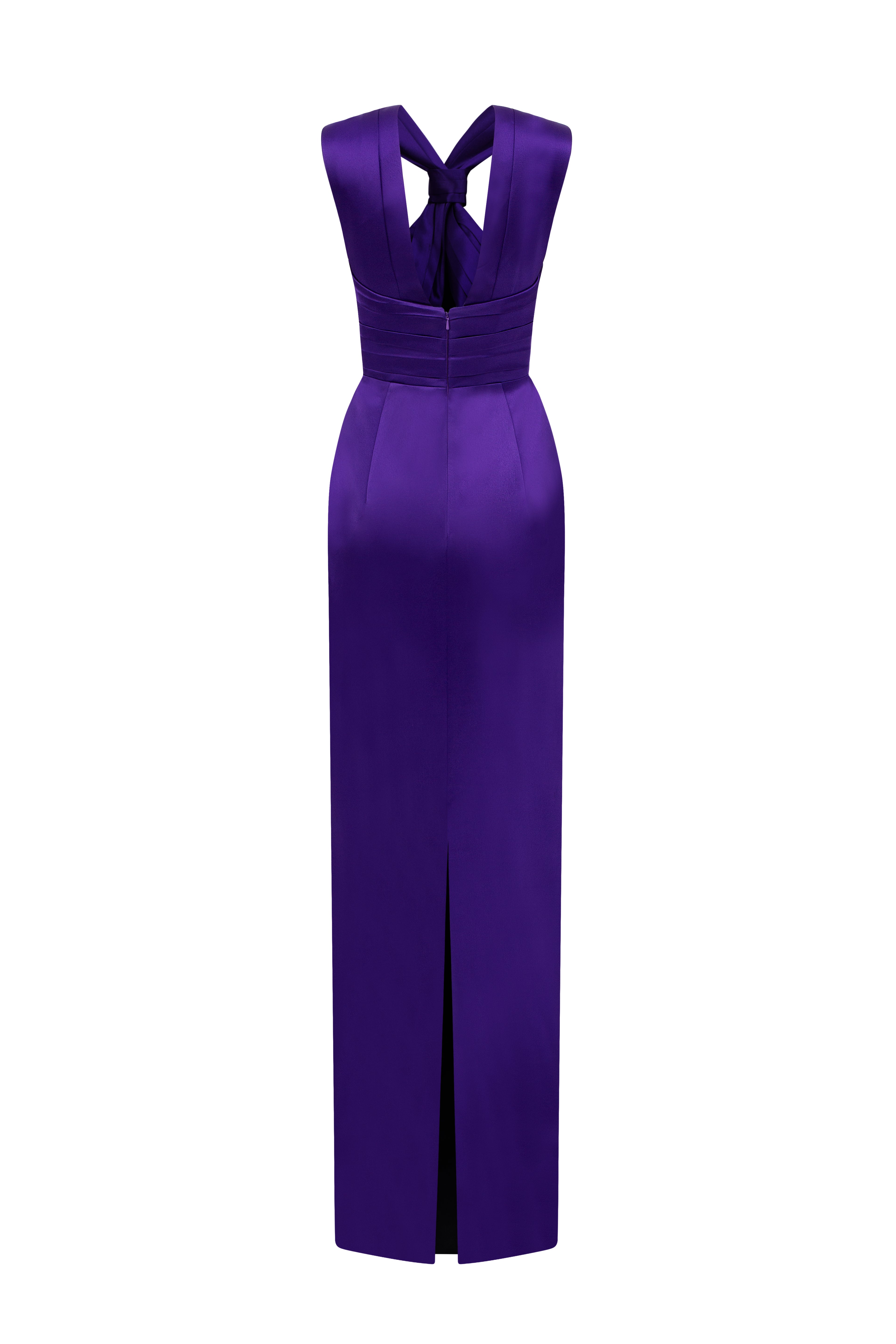 Purple Satin Silk Dress With A Ruched Neckline And Tie