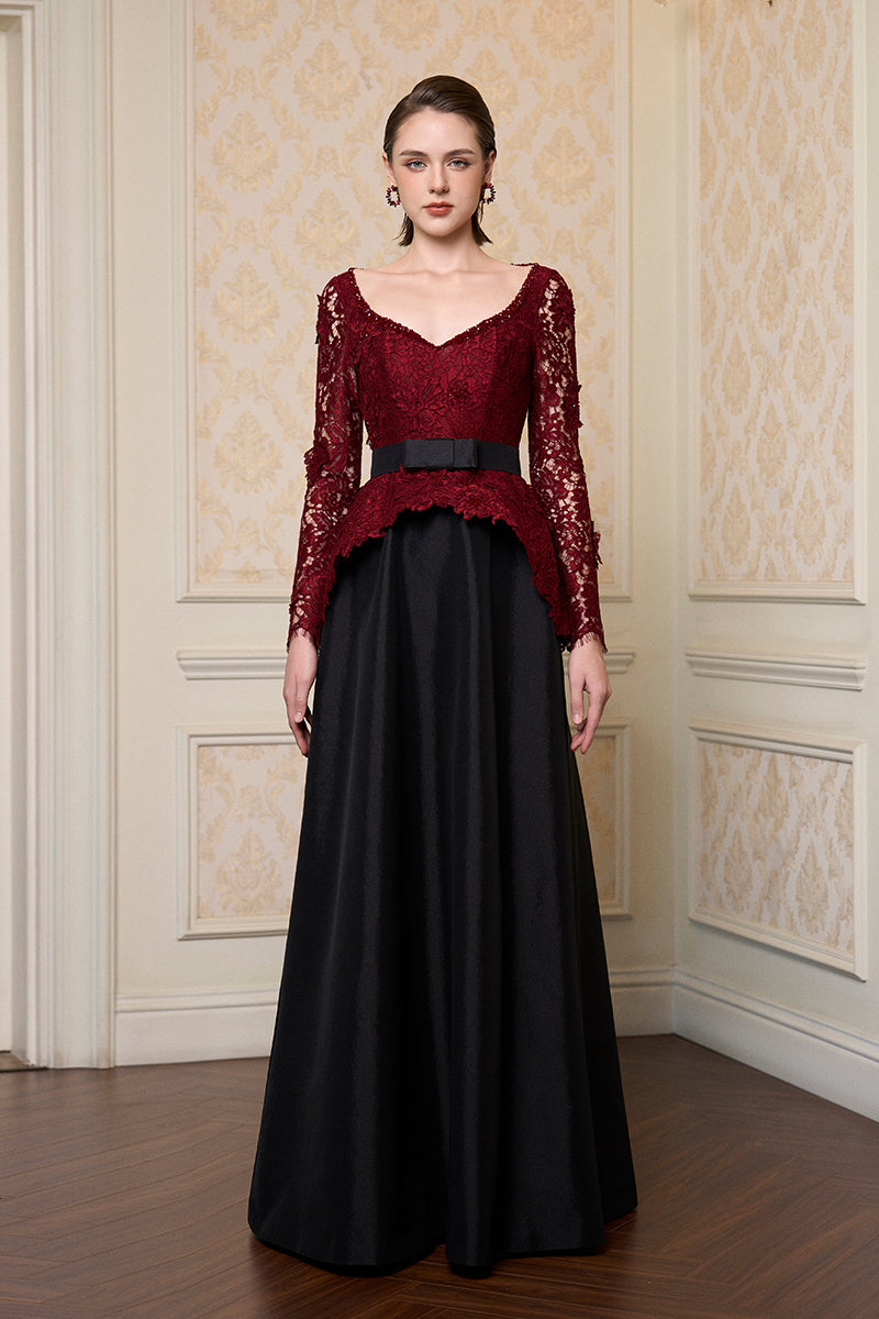 Queen Ann Neck A-Line Gown In Dark Red French Lace & Black Taffeta