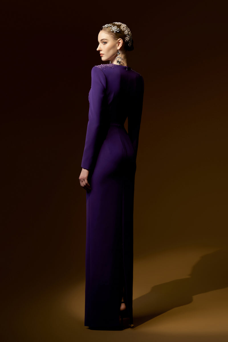 Queen Ann Neck Column Gown With Long Sleeves