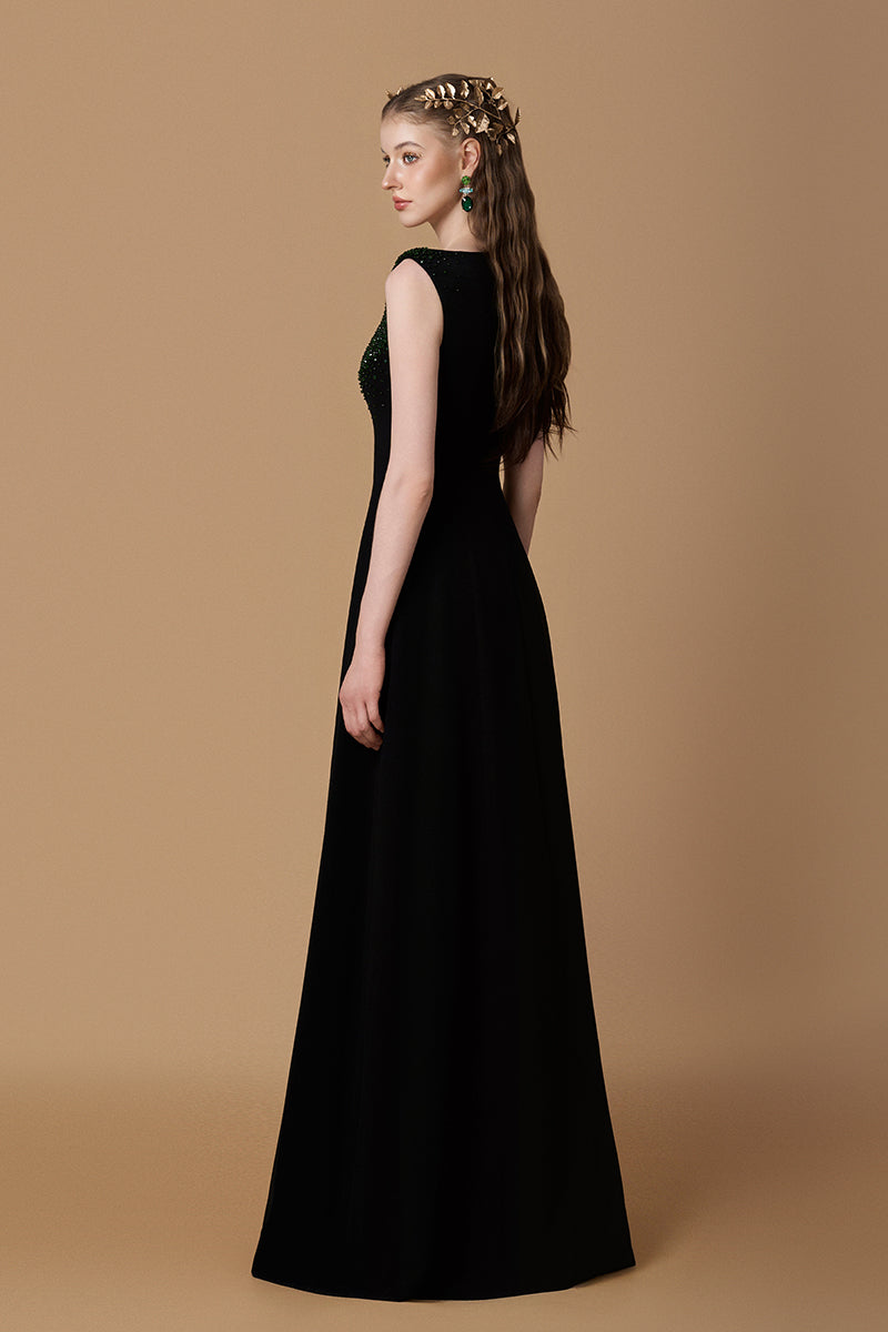 Queen Ann Neck A-Line Gown In Black Crepe