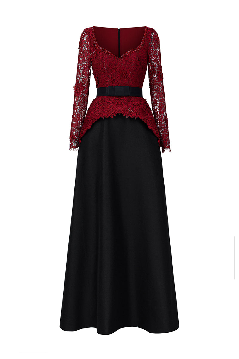 Queen Ann Neck A-Line Gown In Dark Red French Lace & Black Taffeta