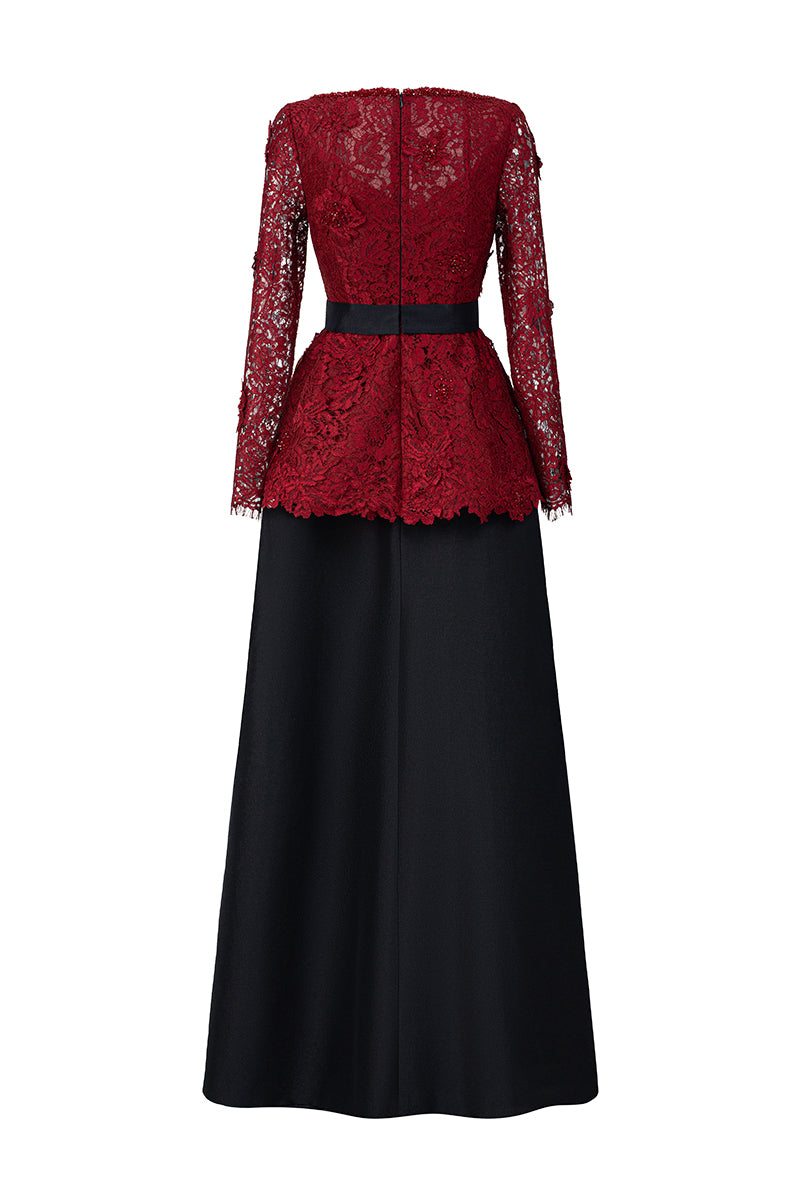 Queen Ann Neck A-Line Gown In Dark Red French Lace & Black Taffeta