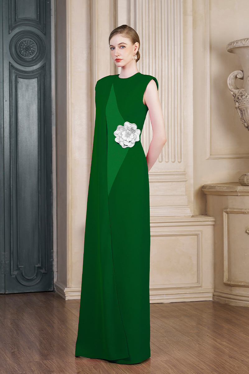 Column Evening Gown With Side Waist Patched And Attached One Shoulder Long Cape