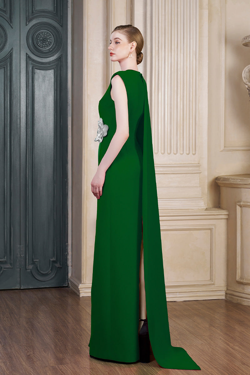 Column Evening Gown With Side Waist Patched And Attached One Shoulder Long Cape
