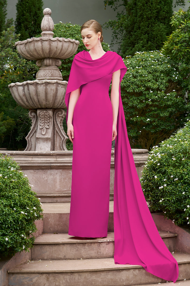 COLUMN EVENING GOWN WITH DRAPED RIBBON OVER THE SHOULDER