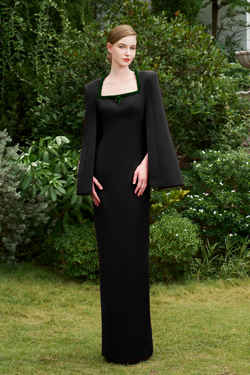 COLUMN EVENING GOWN WITH TRAPEZE NECKLINE AND LONG SLIT SLEEVES