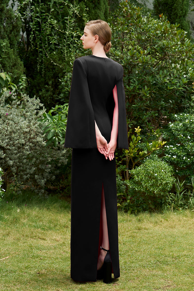 COLUMN EVENING GOWN WITH TRAPEZE NECKLINE AND LONG SLIT SLEEVES
