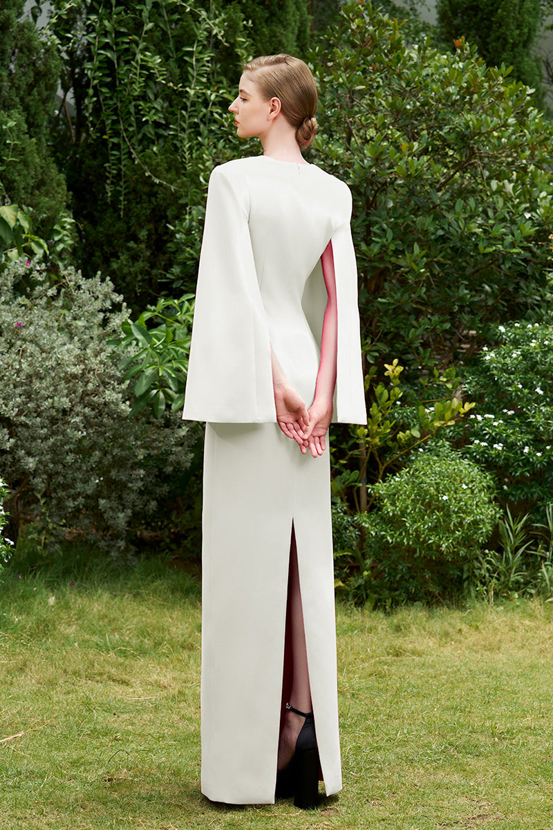 COLUMN EVENING GOWN WITH TRAPEZE NECKLINE AND LONG SLIT SLEEVES