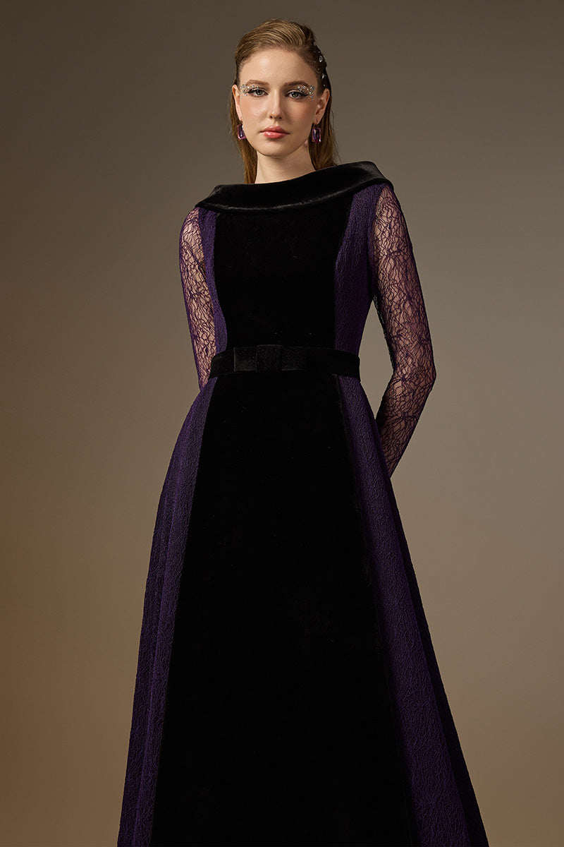 Round Neck A-Line Gown With De-Constructed Collar In Black Velvet And Purple Vine Guipure Lace