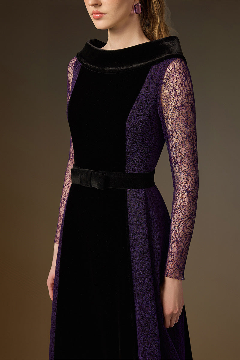 Round Neck A-Line Gown With De-Constructed Collar In Black Velvet And Purple Vine Guipure Lace