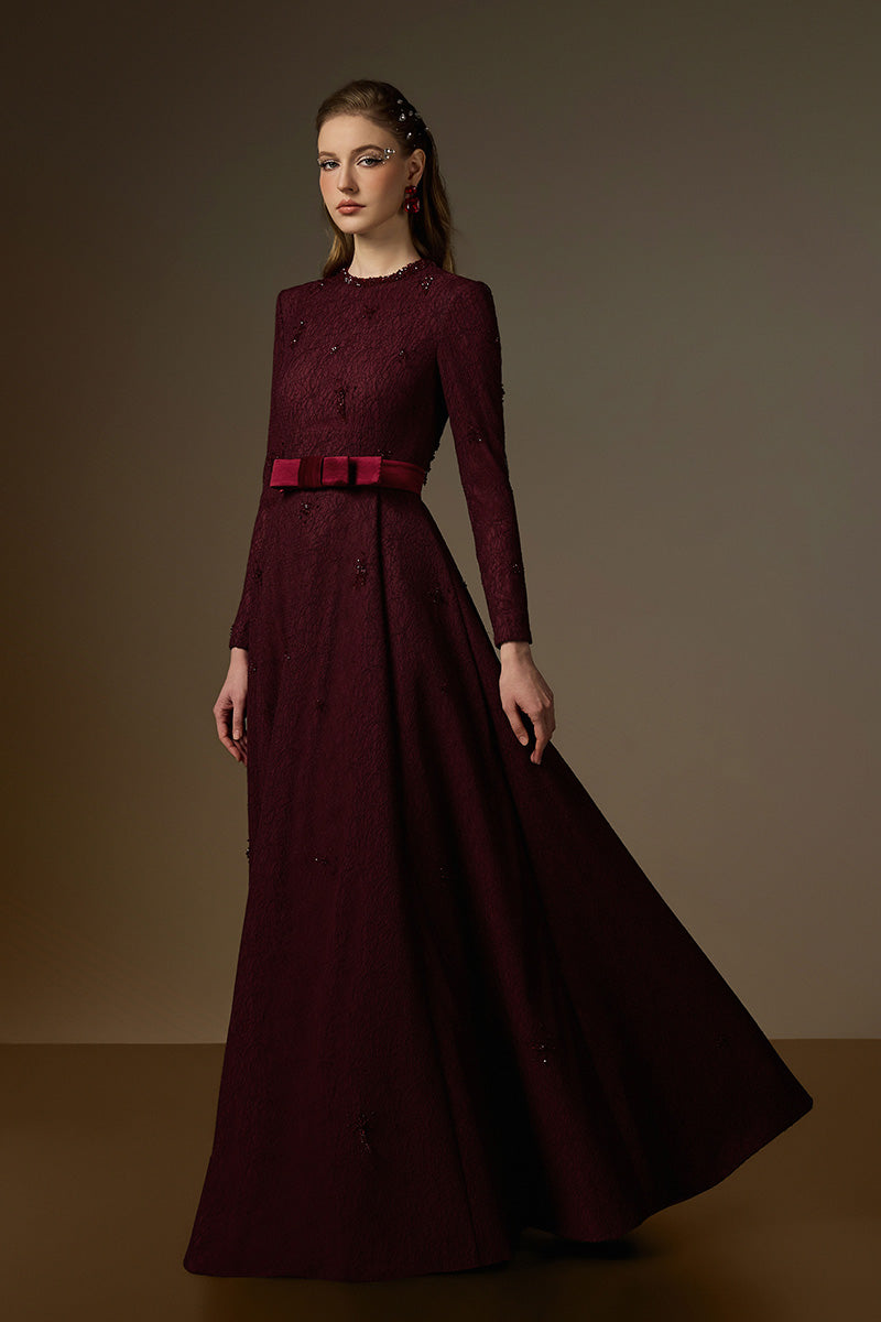 Round Neck A-Line Gown With Red Crystal Embellishments In Burgundy Vine Guipure Lace