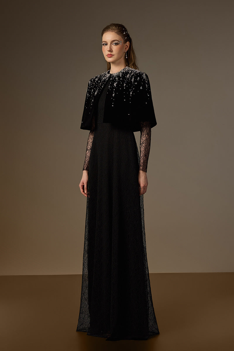 Round Neck A-Line Gown With Mini Cape In Black Vine Guipure Lace & Lyon Velvet