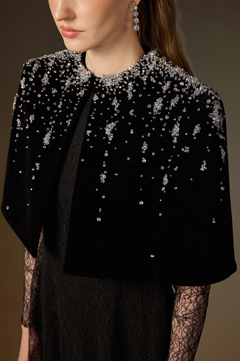 Round Neck A-Line Gown With Mini Cape In Black Vine Guipure Lace & Lyon Velvet
