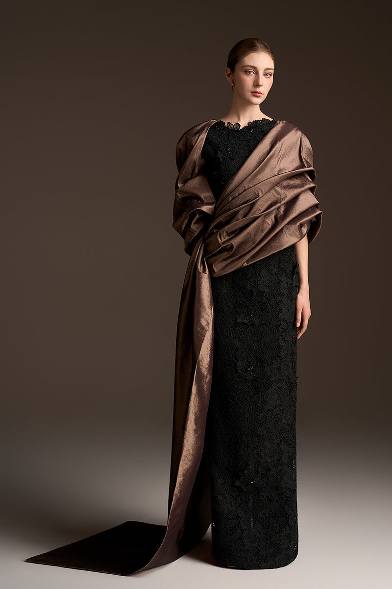 Round Neck And Draped Sleeves Column Dress In Guipure Lace